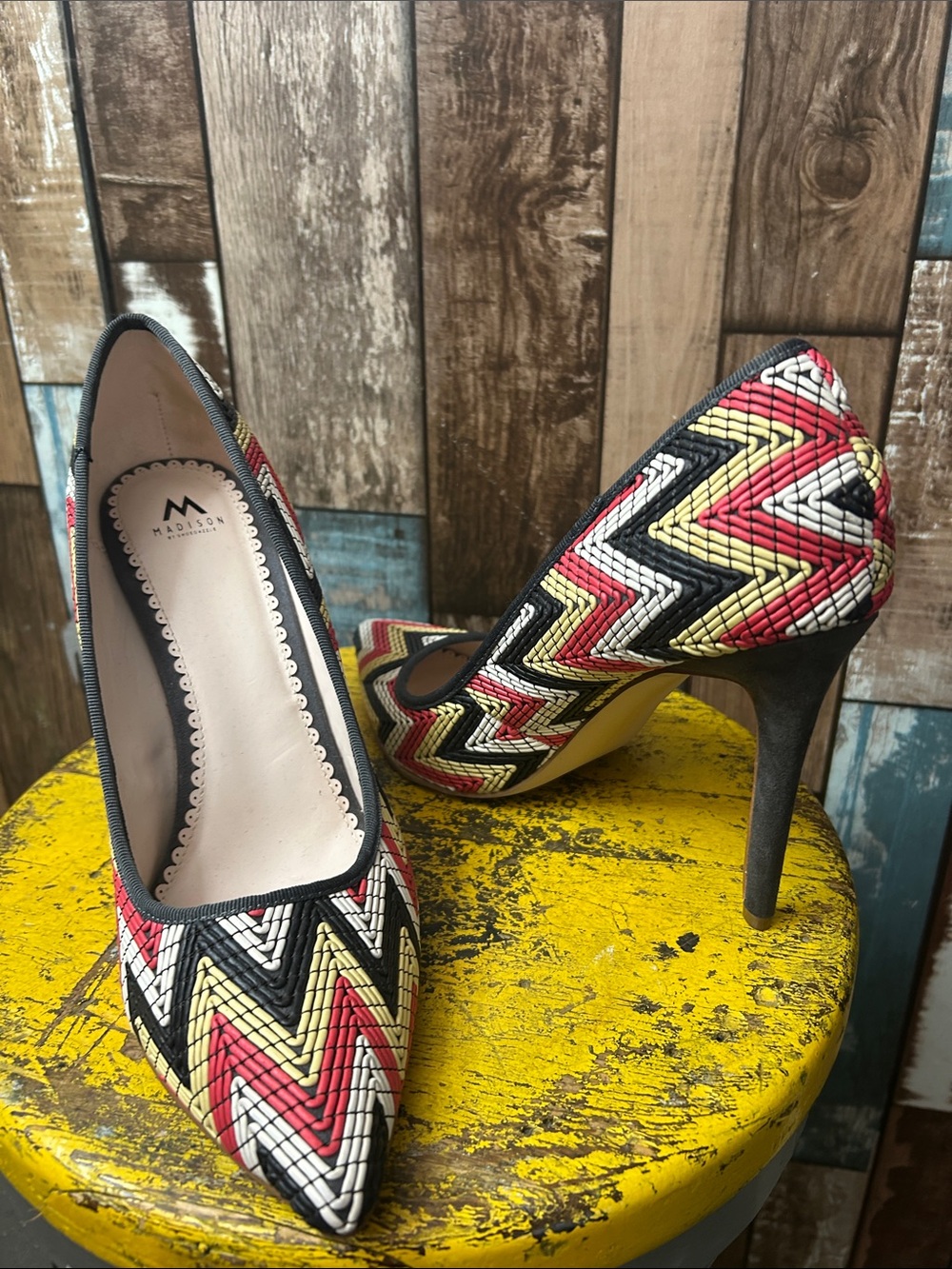 Madison Chevron Woven Pointed-Toe Stilettos in Red, Yellow, Black & White - Picture 13 of 15